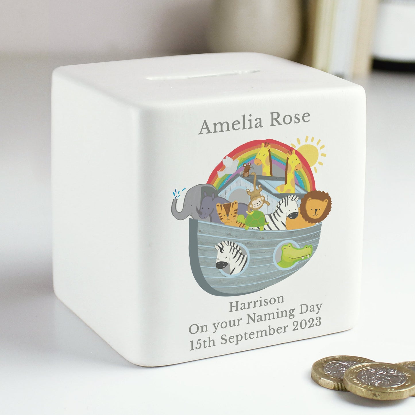 Personalised Noahs Ark Ceramic Square Money Box: 3 - Money Boxes By Gift Moments