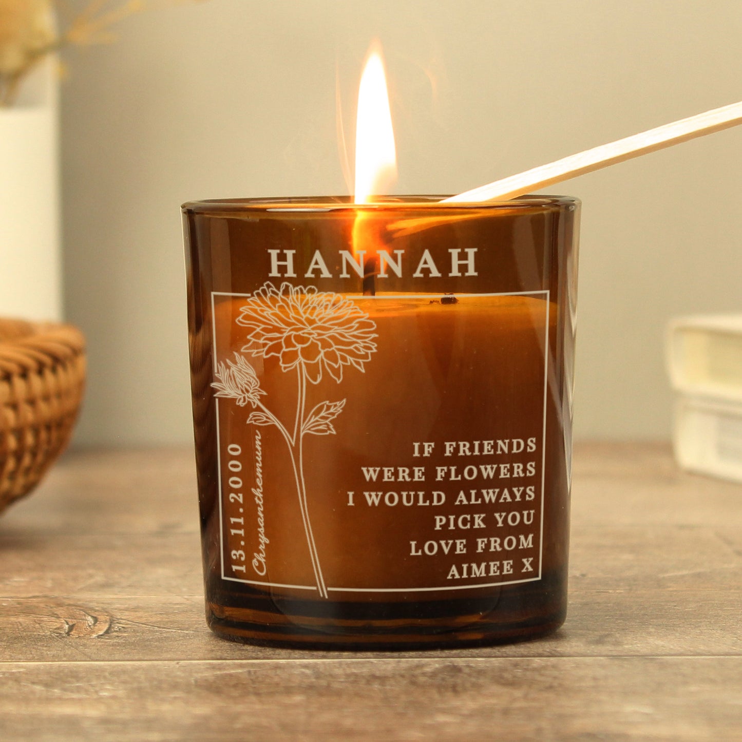 Personalised November Birth Flower Amber Glass Candle: 3 - Candles By Gift Moments