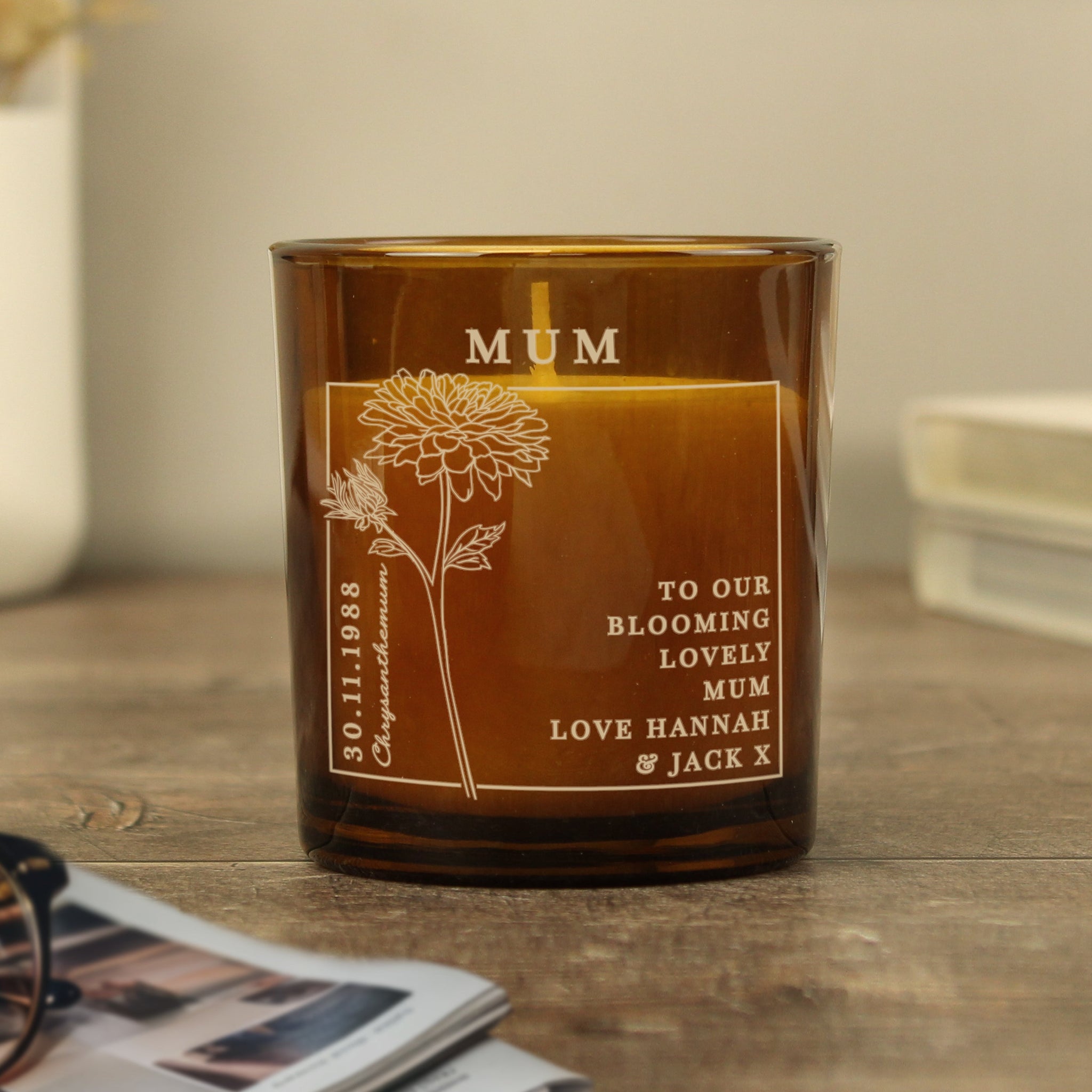 Personalised November Birth Flower Amber Glass Candle: 6 - Candles By Gift Moments