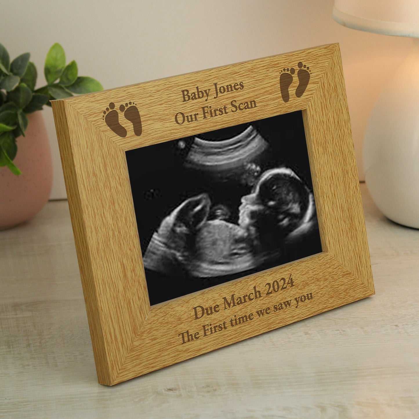 Personalised Oak Finish 6x4 Landscape Baby Footprints Photo Frame: 1 - Photo Frames By Gift Moments