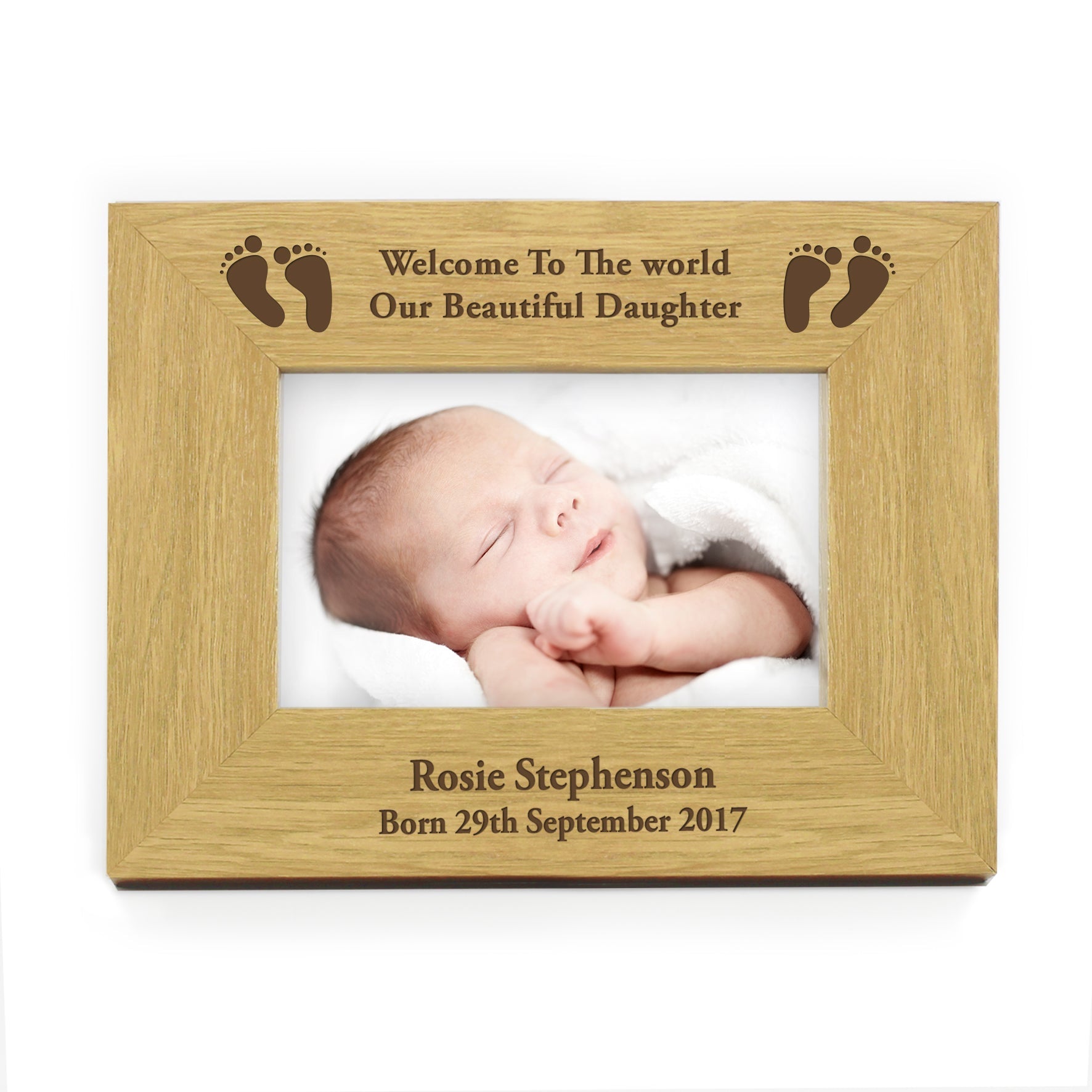 Personalised Oak Finish 6x4 Landscape Baby Footprints Photo Frame: 4 - Photo Frames By Gift Moments