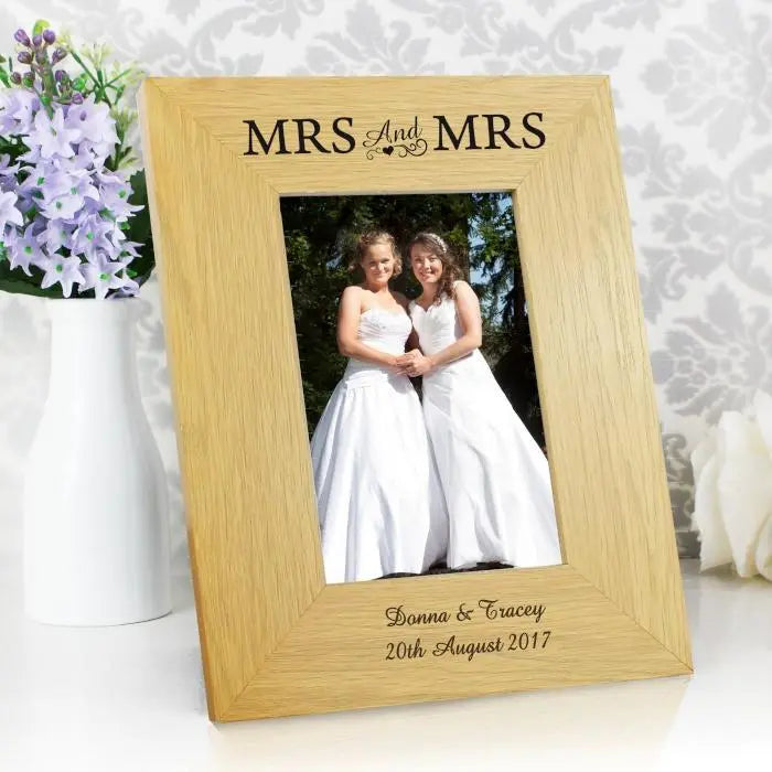 Personalised Oak Finish 6x4 Mrs & Mrs Photo Frame: 1 - Photo Frames By Gift Moments