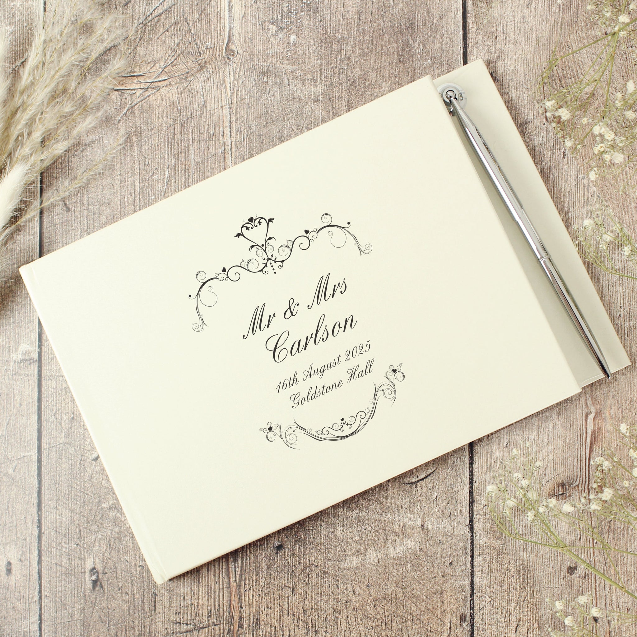 Personalised Ornate Swirl Hardback Guest Book & Pen: 1 - Guest Books By Gift Moments