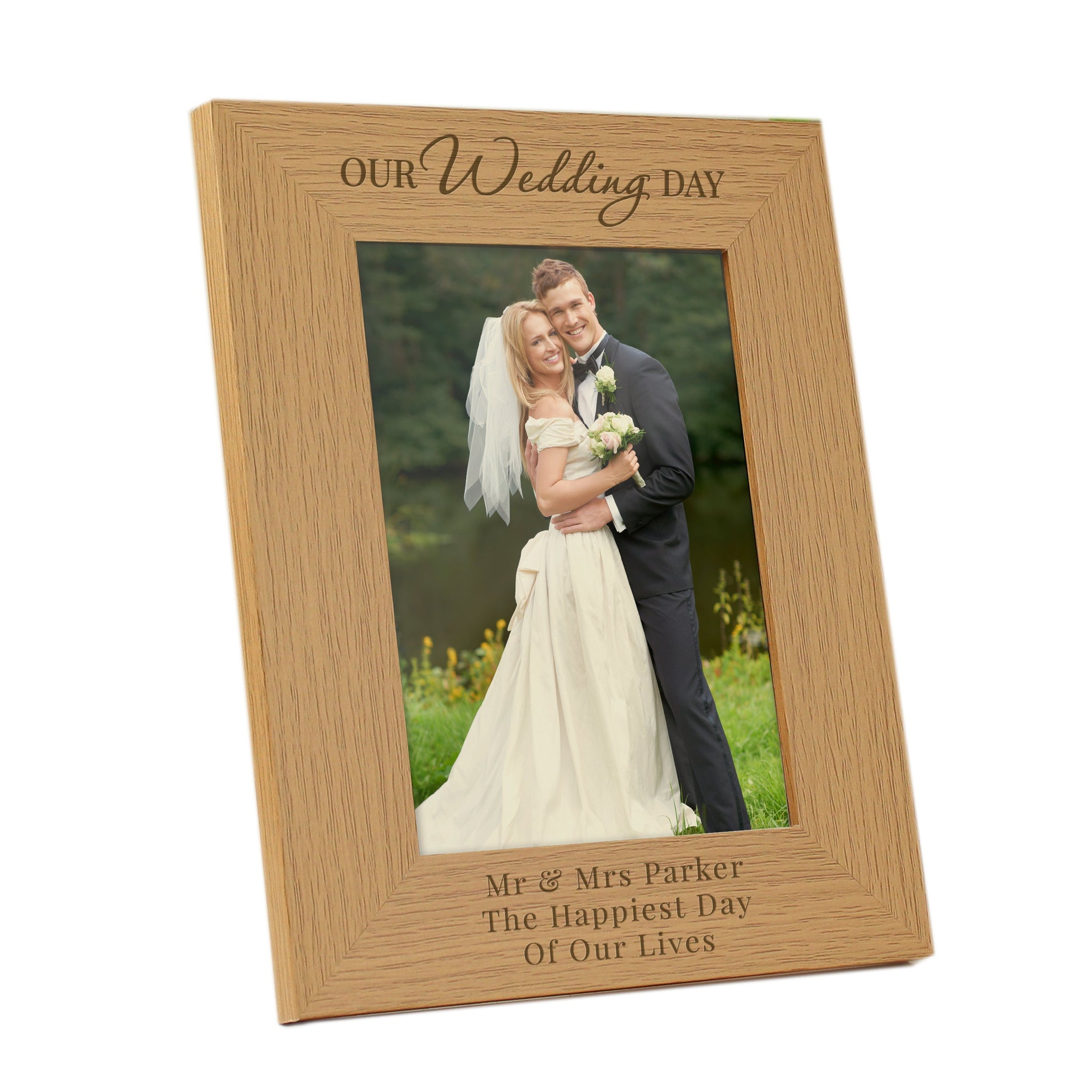 Personalised ’Our Wedding Day’ 5x7 Oak Finish Photo Frame: 4 - Photo Frames By Gift Moments