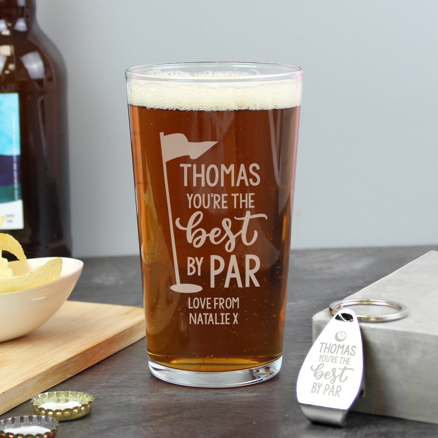Personalised By Par Pint Glass & Bottle Opener: 3 - Beer Glasses By Gift Moments