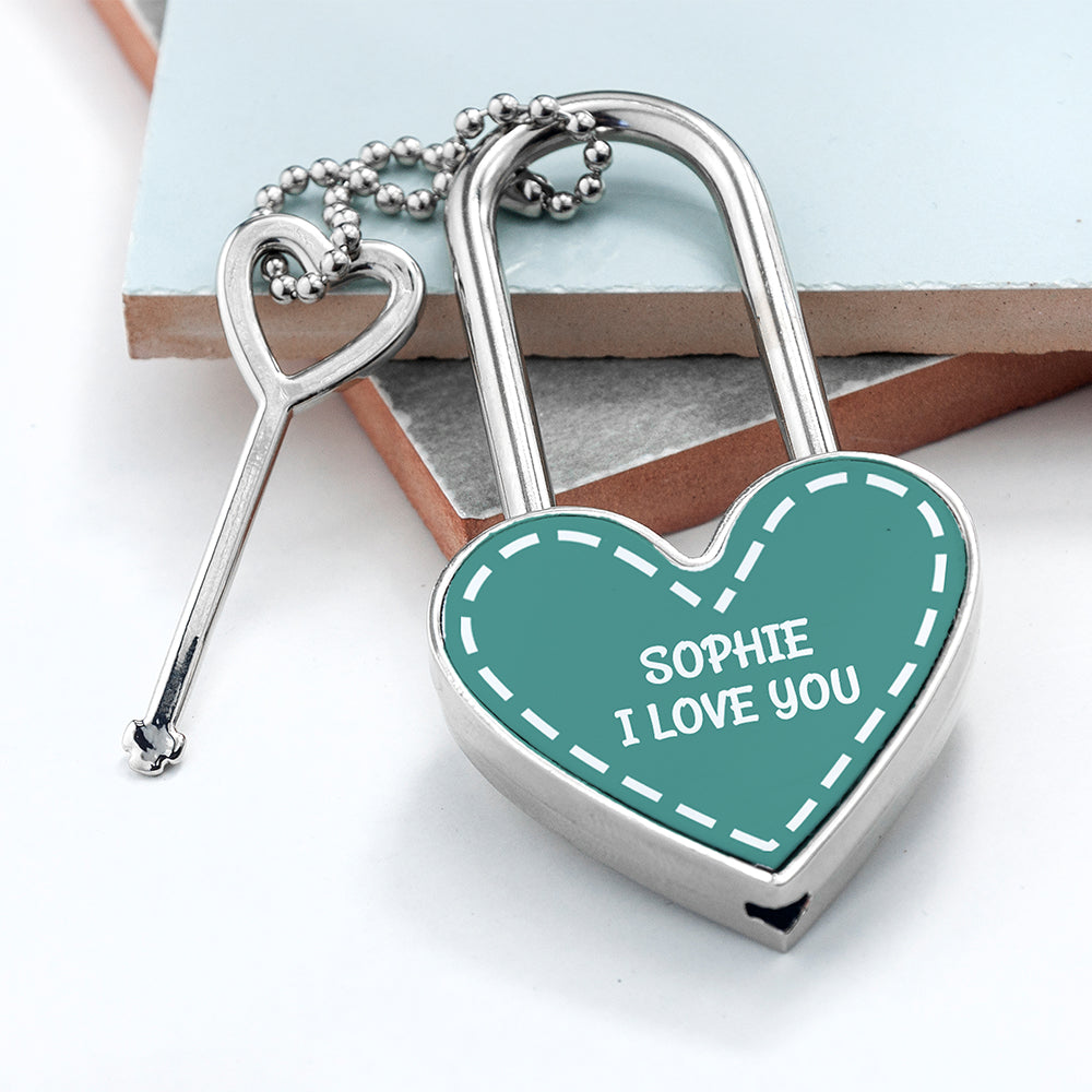 Personalised Parisienne Love Heart Padlocks: 3 - Teal - Keyrings By Gift Moments