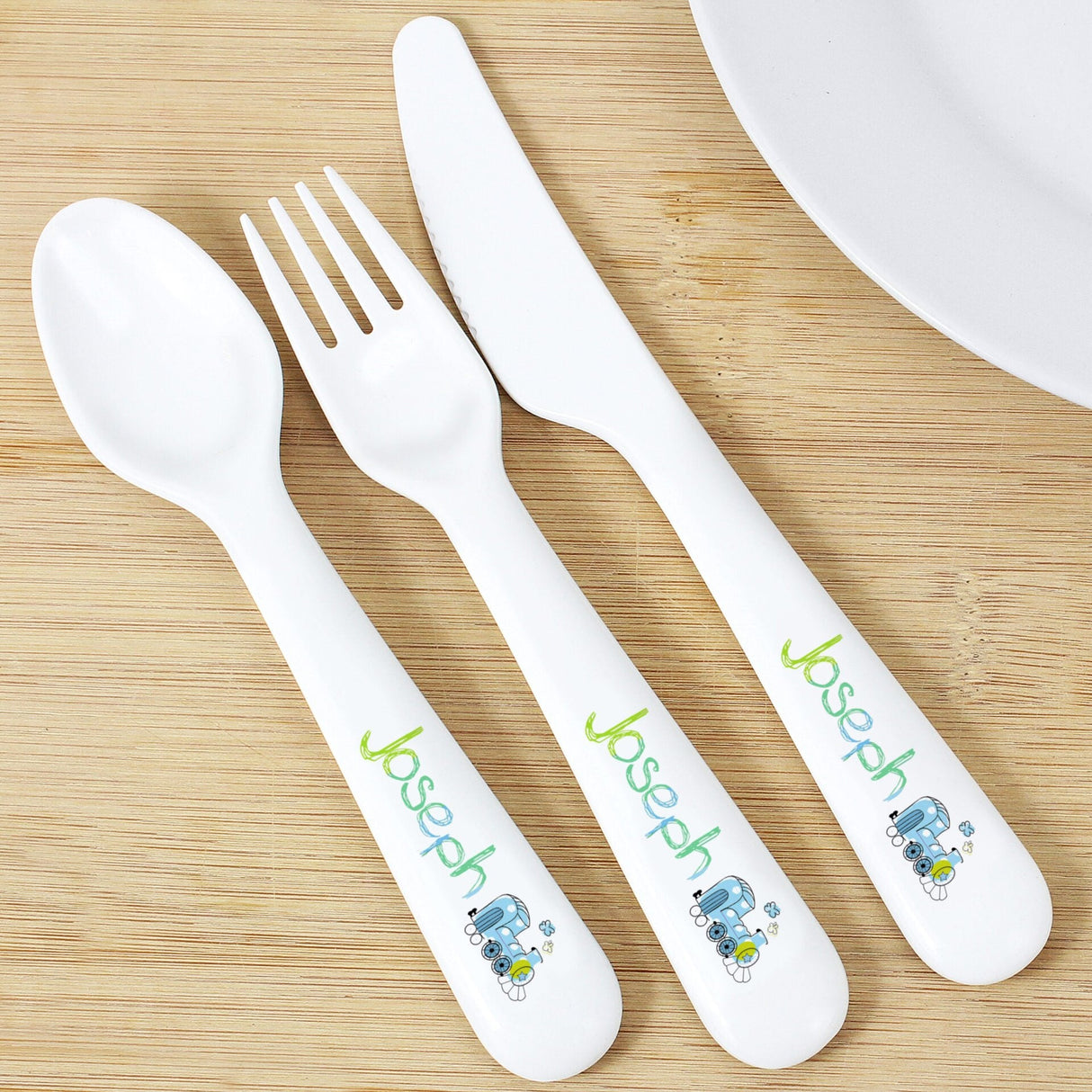 Personalised Patchwork Train 3 Piece Plastic Cutlery Set: 1 - Cutlery Sets By Gift Moments