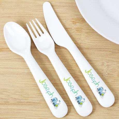 Personalised Patchwork Train 3 Piece Plastic Cutlery Set: 1 - Cutlery Sets By Gift Moments