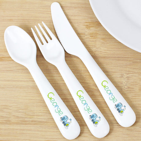 Personalised Patchwork Train 3 Piece Plastic Cutlery Set: 2 - Cutlery Sets By Gift Moments