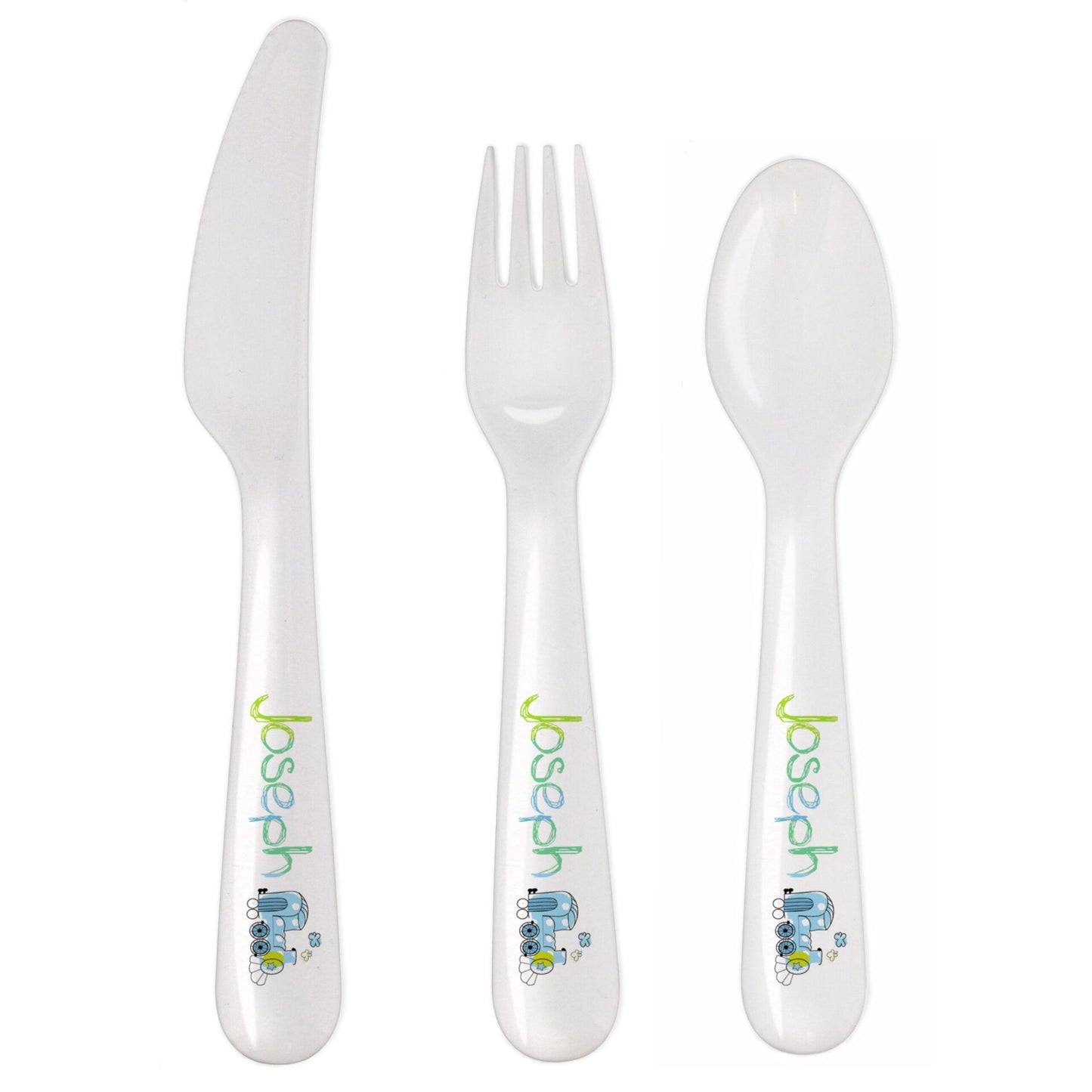 Personalised Patchwork Train 3 Piece Plastic Cutlery Set: 3 - Cutlery Sets By Gift Moments