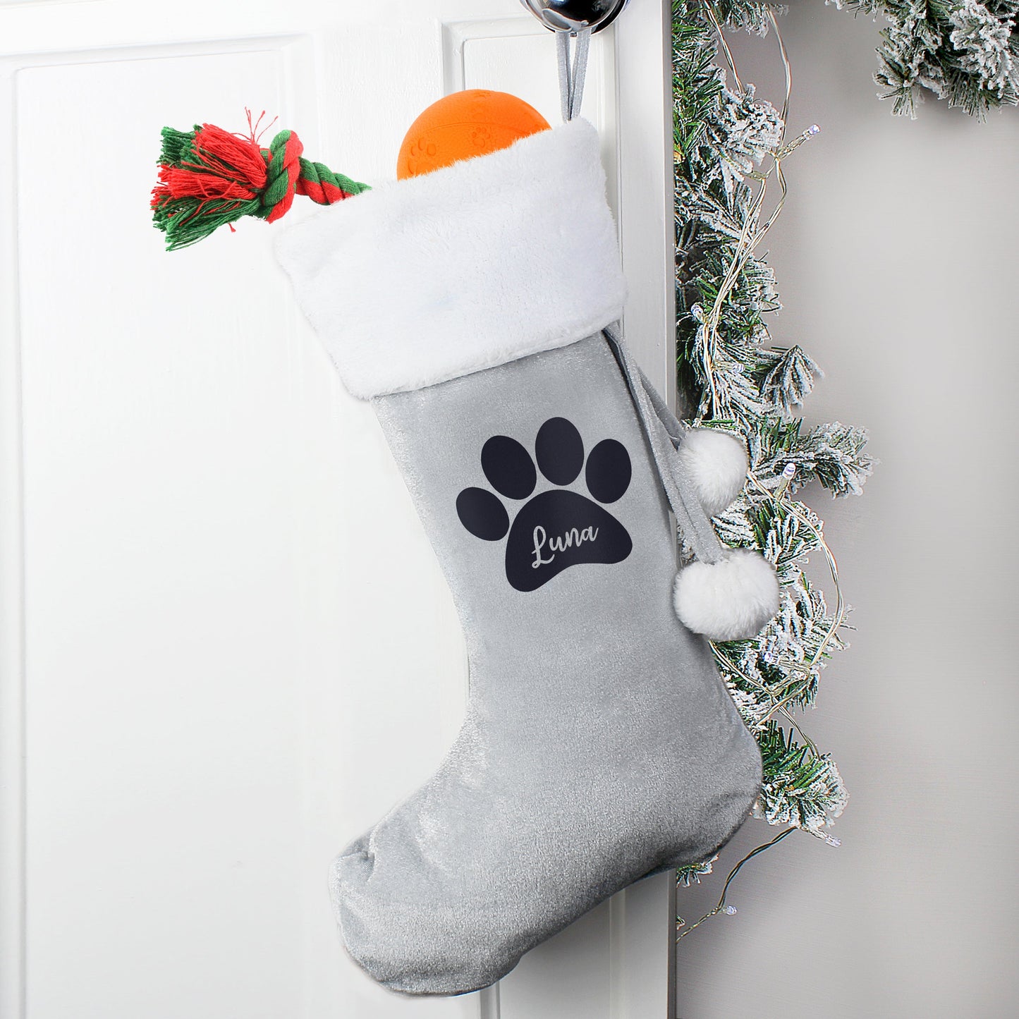 Personalised Paw Print Silver Grey Stocking: 3 - Christmas Stockings By Gift Moments