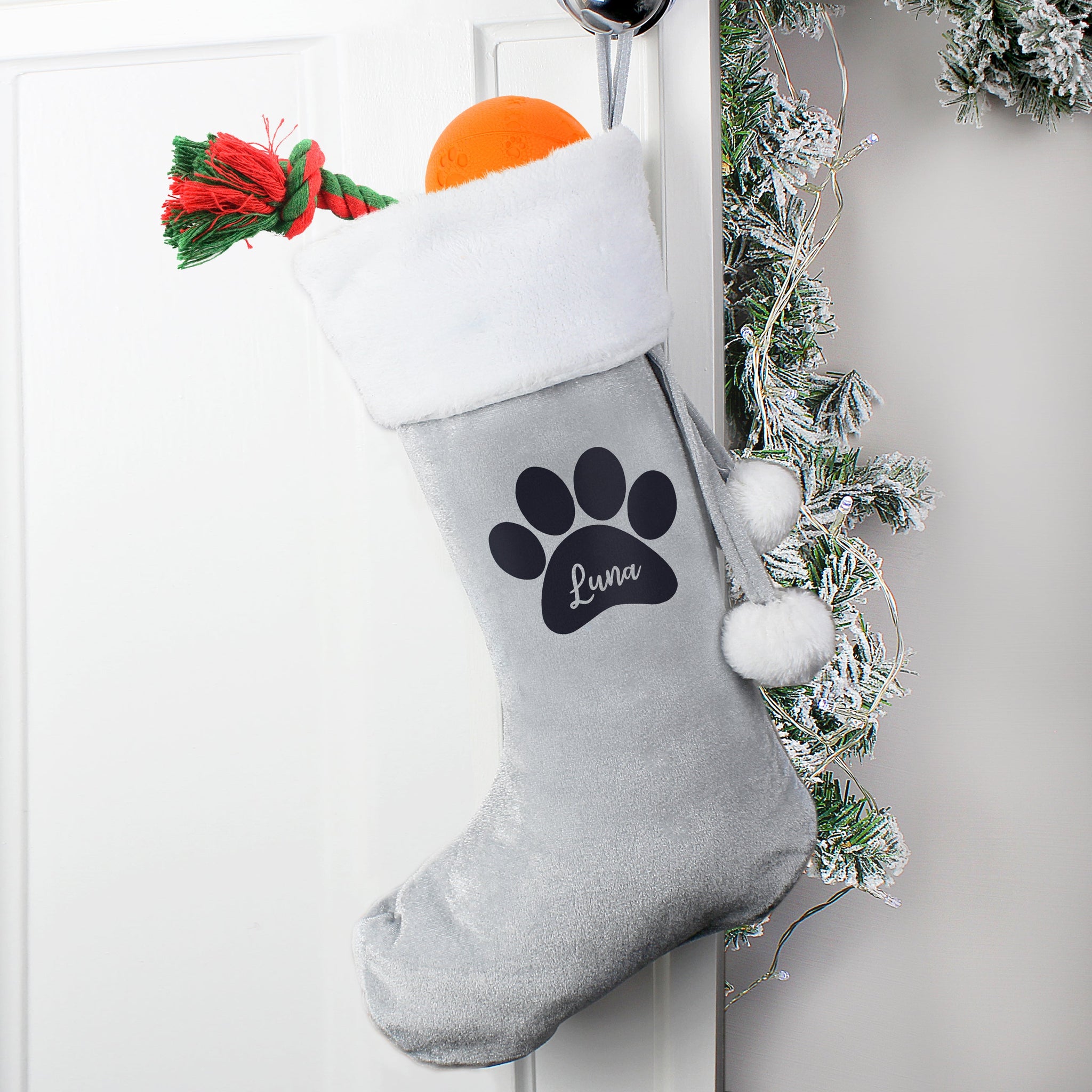 Personalised Paw Print Silver Grey Stocking: 3 - Christmas Stockings By Gift Moments