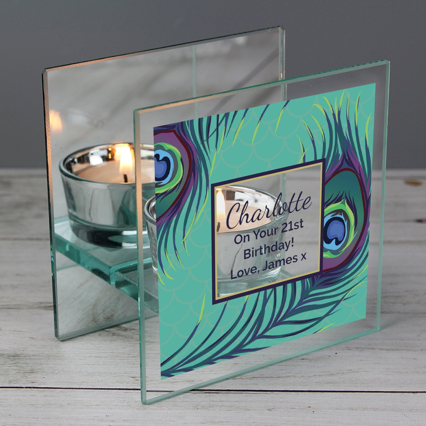Personalised Peacock Mirrored Glass Tea Light Candle Holder: 1 - Candle Holders By Gift Moments