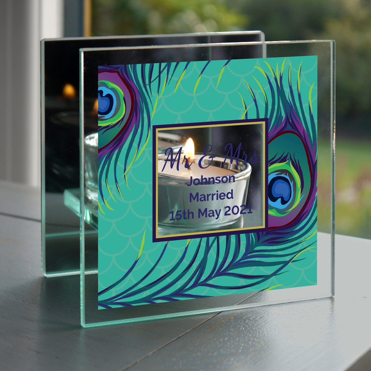 Personalised Peacock Mirrored Glass Tea Light Candle Holder: 2 - Candle Holders By Gift Moments