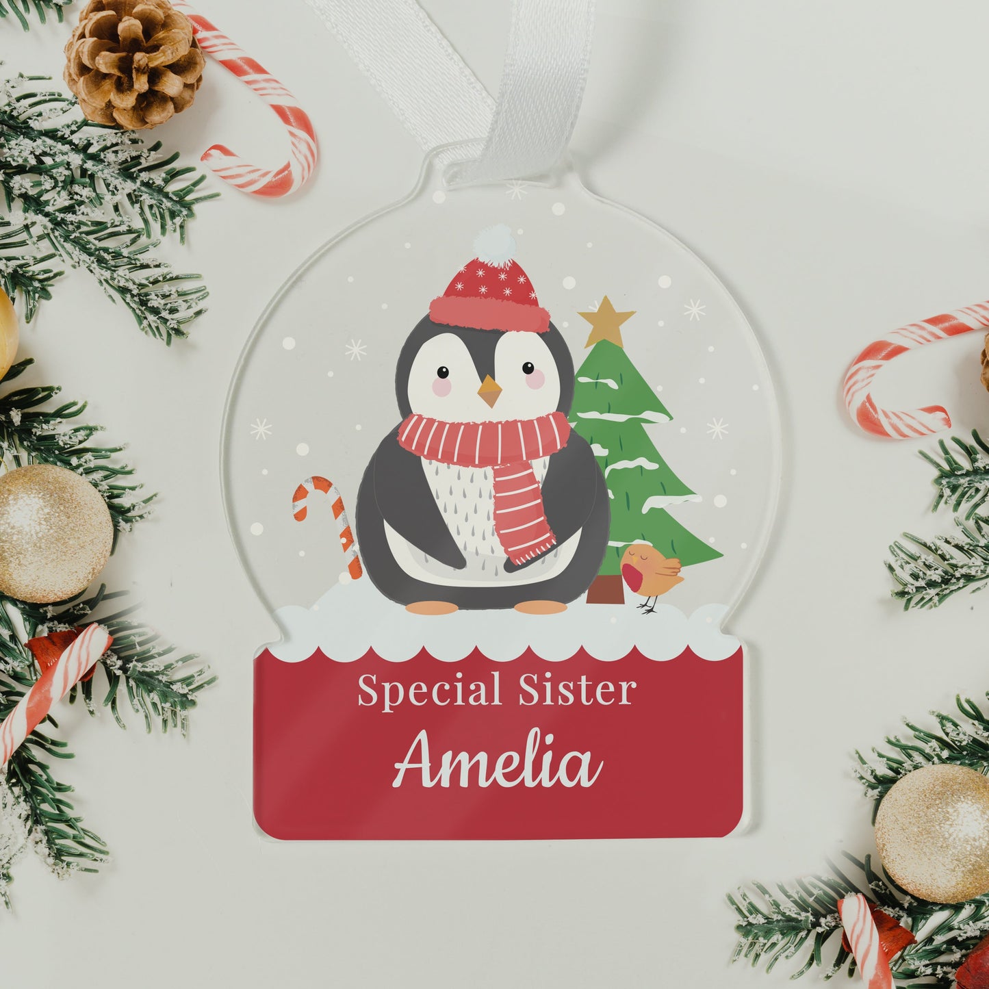 Personalised Penguin Acrylic Snowglobe Decoration: 4 - Christmas Decorations By Gift Moments