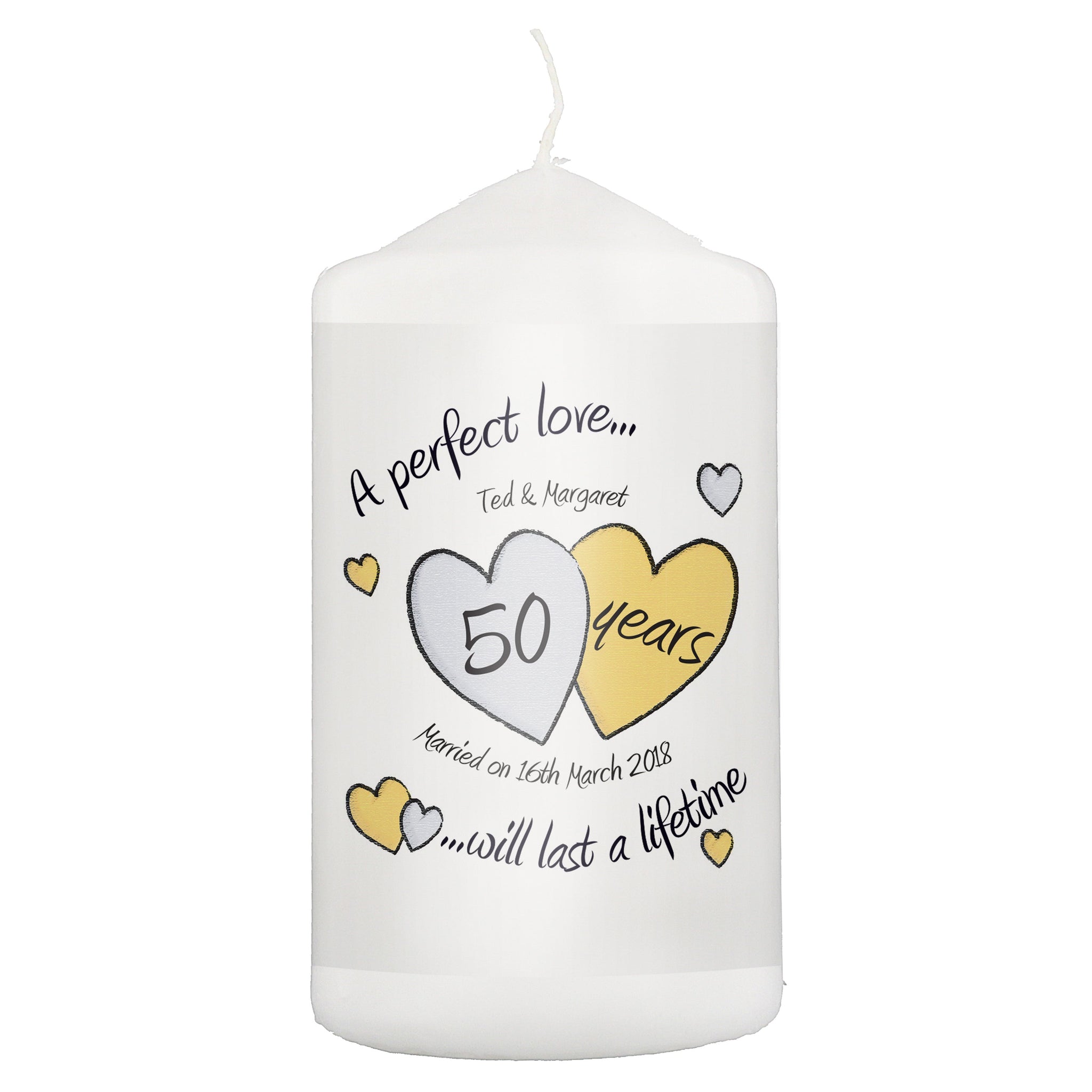 Personalised A Perfect Love Golden Anniversary Pillar Candle: 2 - Candles By Gift Moments