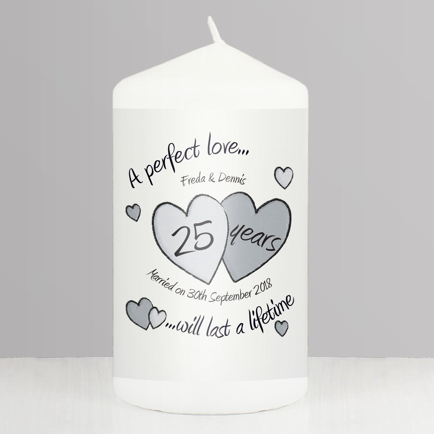 Personalised A Perfect Love Silver Anniversary Pillar Candle: 1 - Candles By Gift Moments
