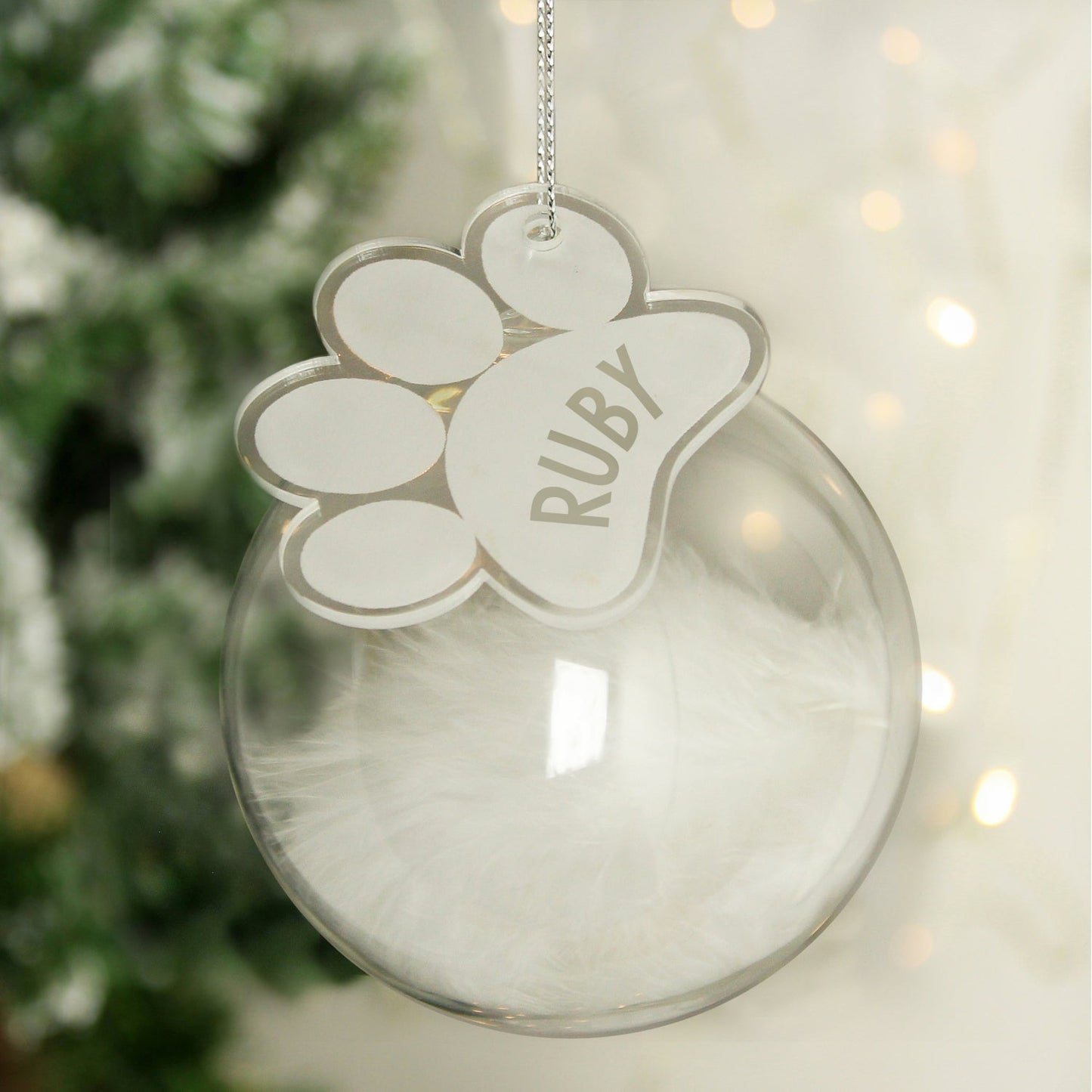 Personalised Pets White Feather Glass Bauble With Paw Print Tag: 2 - Christmas Baubles By Gift Moments