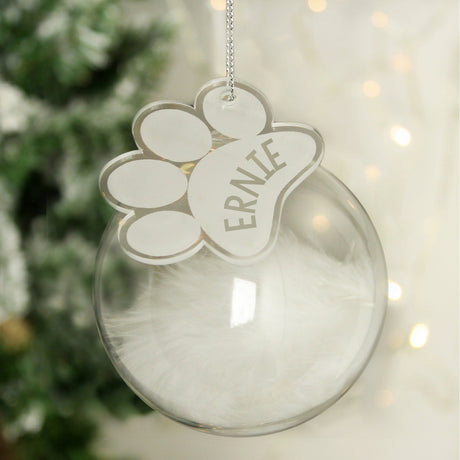 Personalised Pets White Feather Glass Bauble With Paw Print Tag: 1 - Christmas Baubles By Gift Moments
