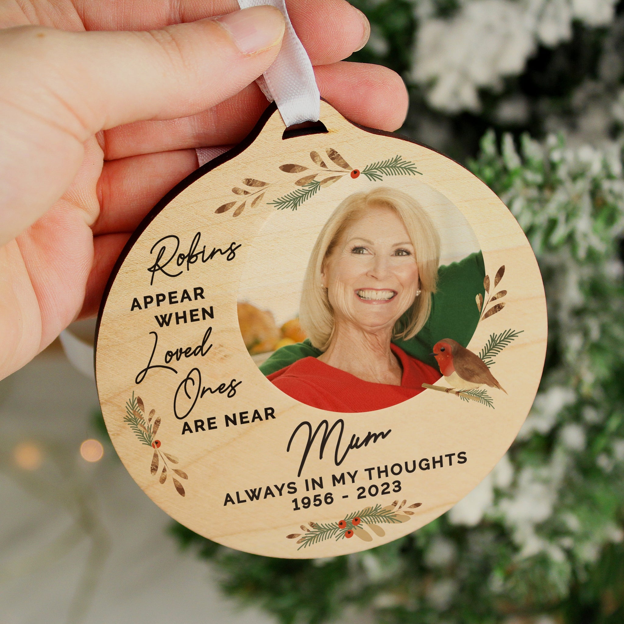 Personalised Photo Upload Robin Memorial Wooden Decoration: 3 - Decorations By Gift Moments