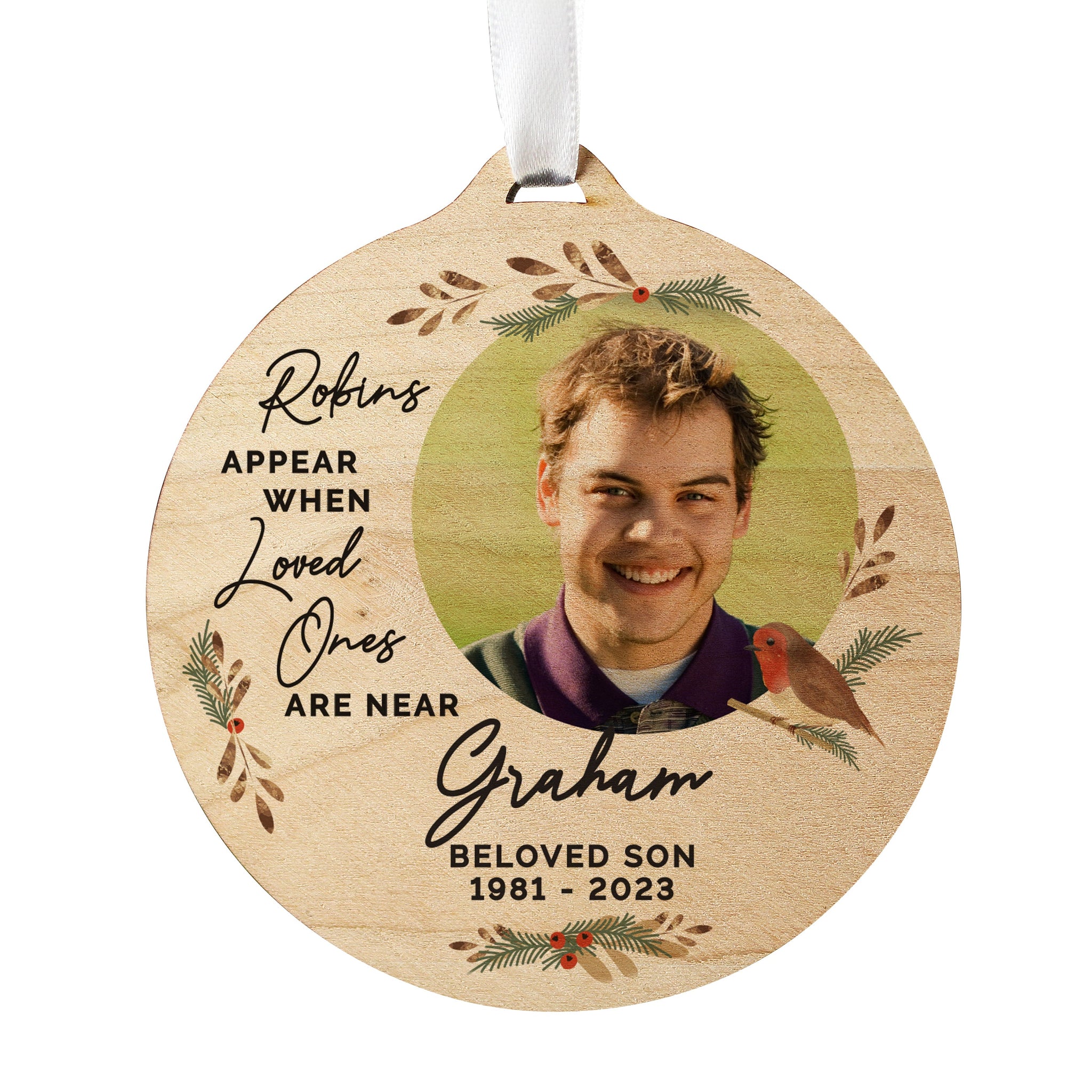 Personalised Photo Upload Robin Memorial Wooden Decoration: 5 - Decorations By Gift Moments