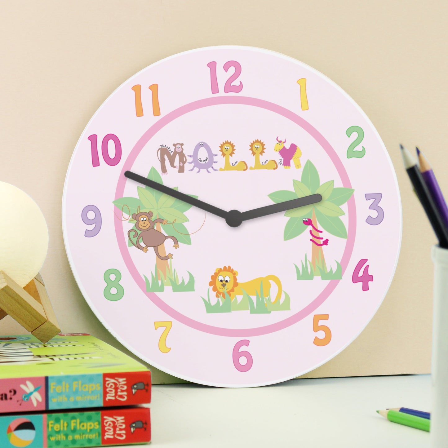 Personalised Pink Animal Alphabet Clock: 1 - Clocks By Gift Moments