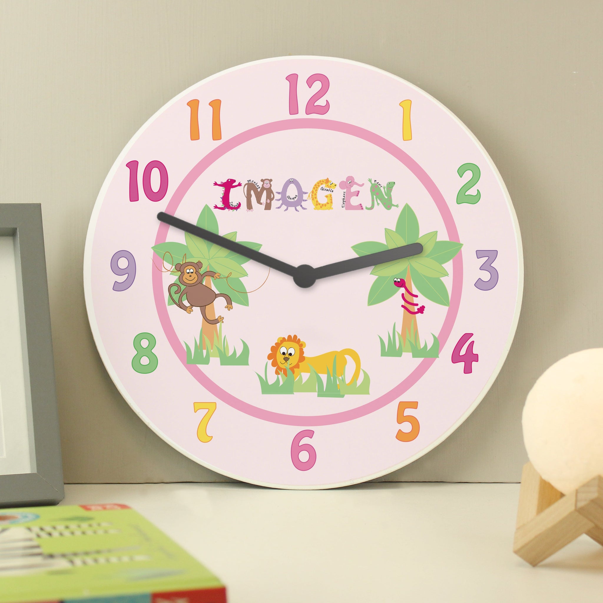 Personalised Pink Animal Alphabet Clock: 4 - Clocks By Gift Moments