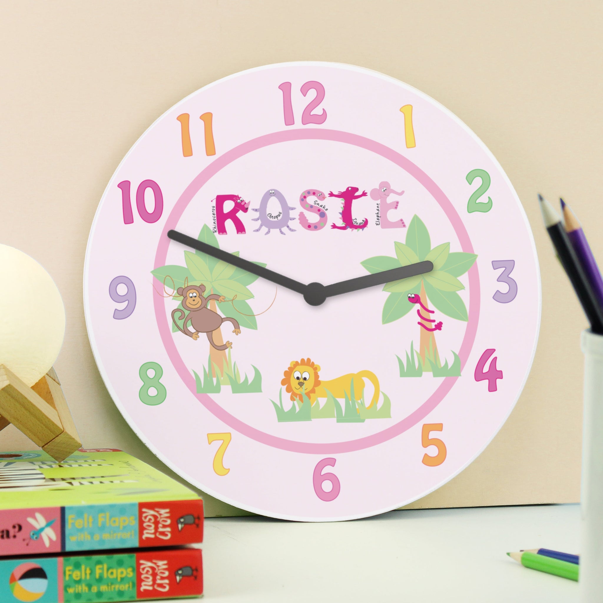 Personalised Pink Animal Alphabet Clock: 3 - Clocks By Gift Moments