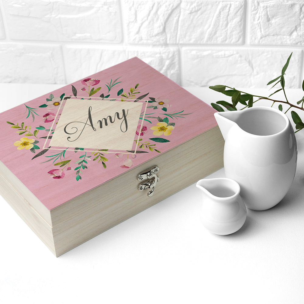 Personalised Pink Botanical Tea Box Selection: 7 Tea Boxes By Gift Moments