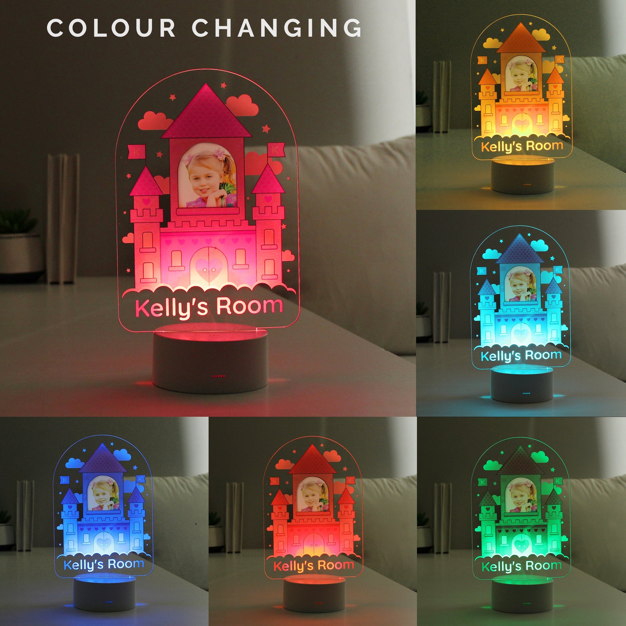 Personalised Pink Castle Photo Upload LED Colour Changing Night Light: 3 - LED Lighting By Gift Moments