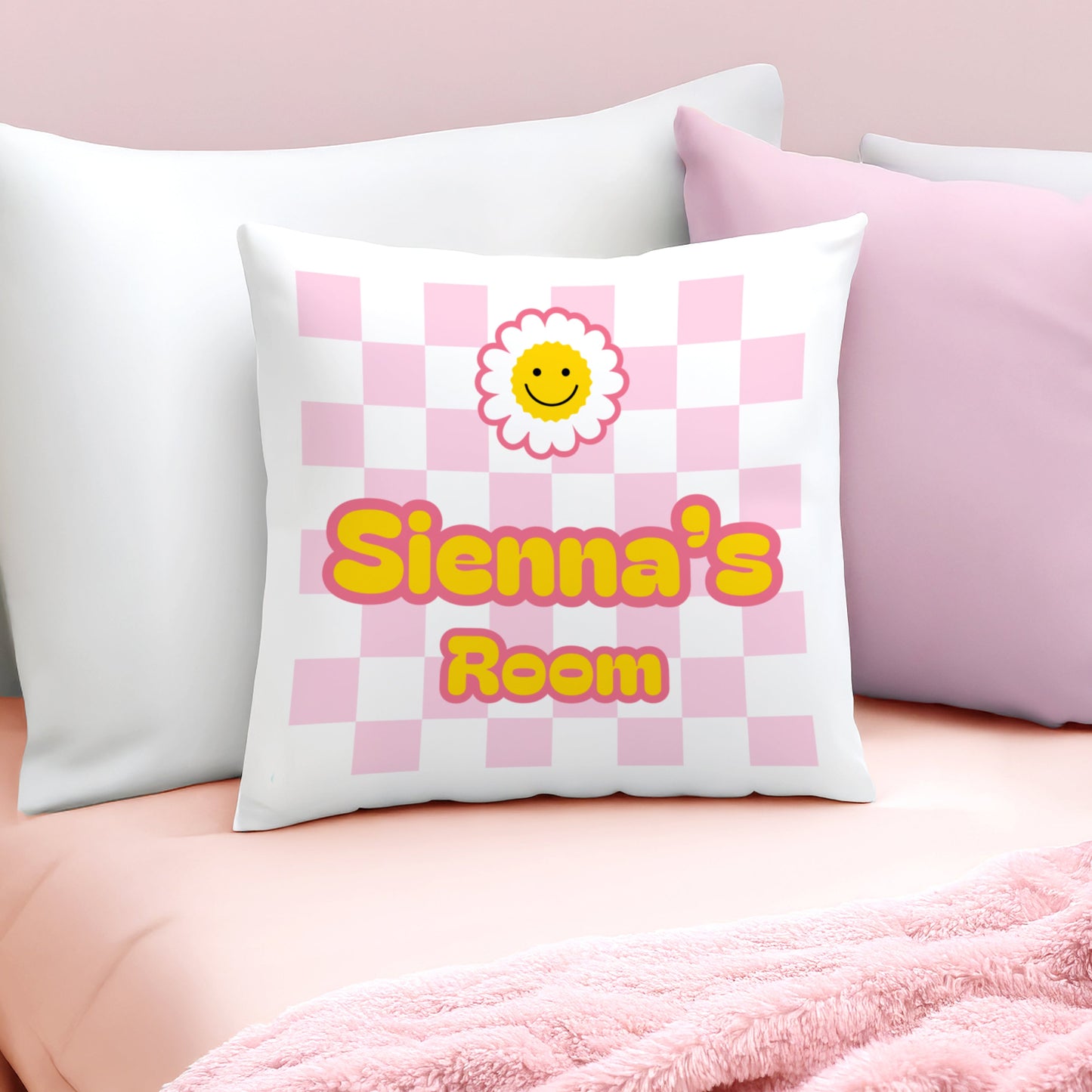 Personalised Pink Check Childrens Bedroom Cushion: 1 - Cushions By Gift Moments