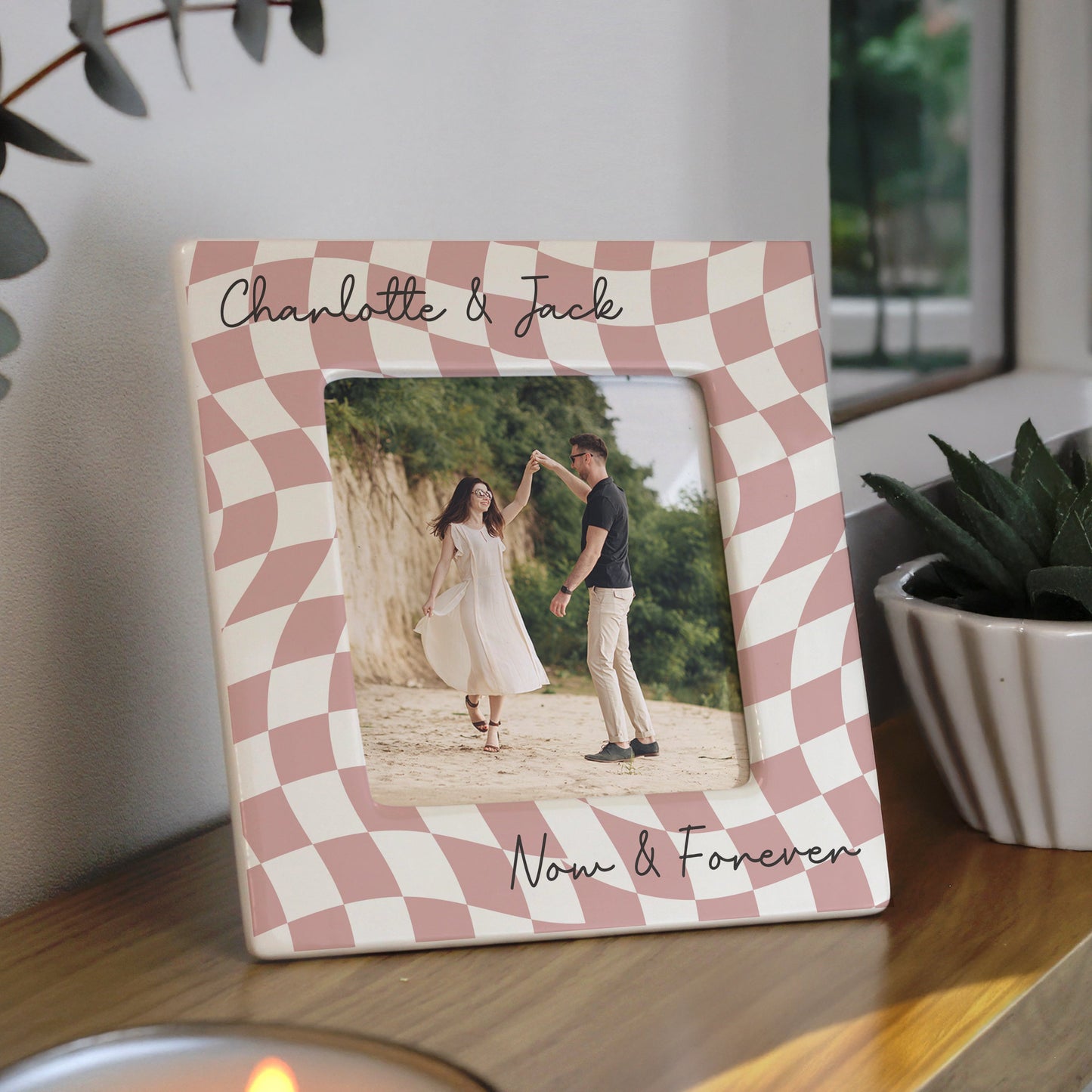 Personalised Pink Checkerboard Ceramic 4x4 Frame: 1 - Photo Frames By Gift Moments