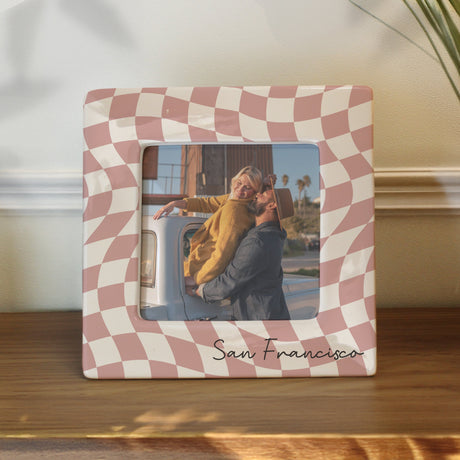 Personalised Pink Checkerboard Ceramic 4x4 Frame: 2 - Photo Frames By Gift Moments