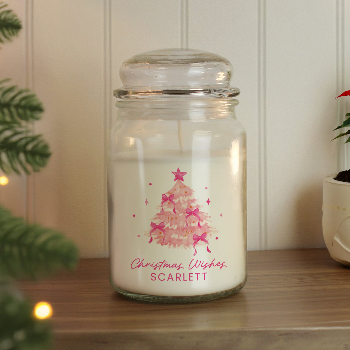 Personalised Pink Christmas Tree Large Candle Jar: 2 - Candles By Gift Moments