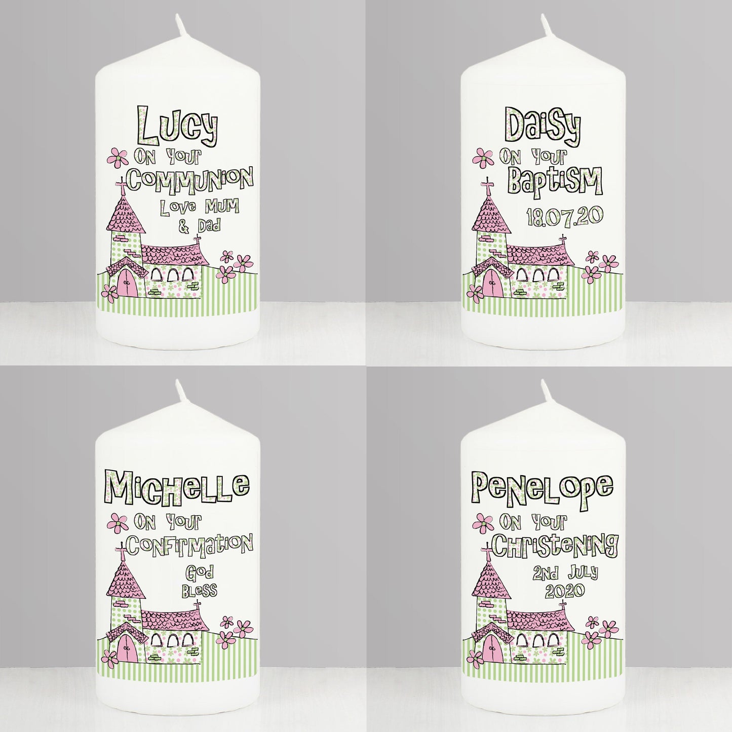Personalised Pink Church Pillar Candle: 3 - Candles By Gift Moments
