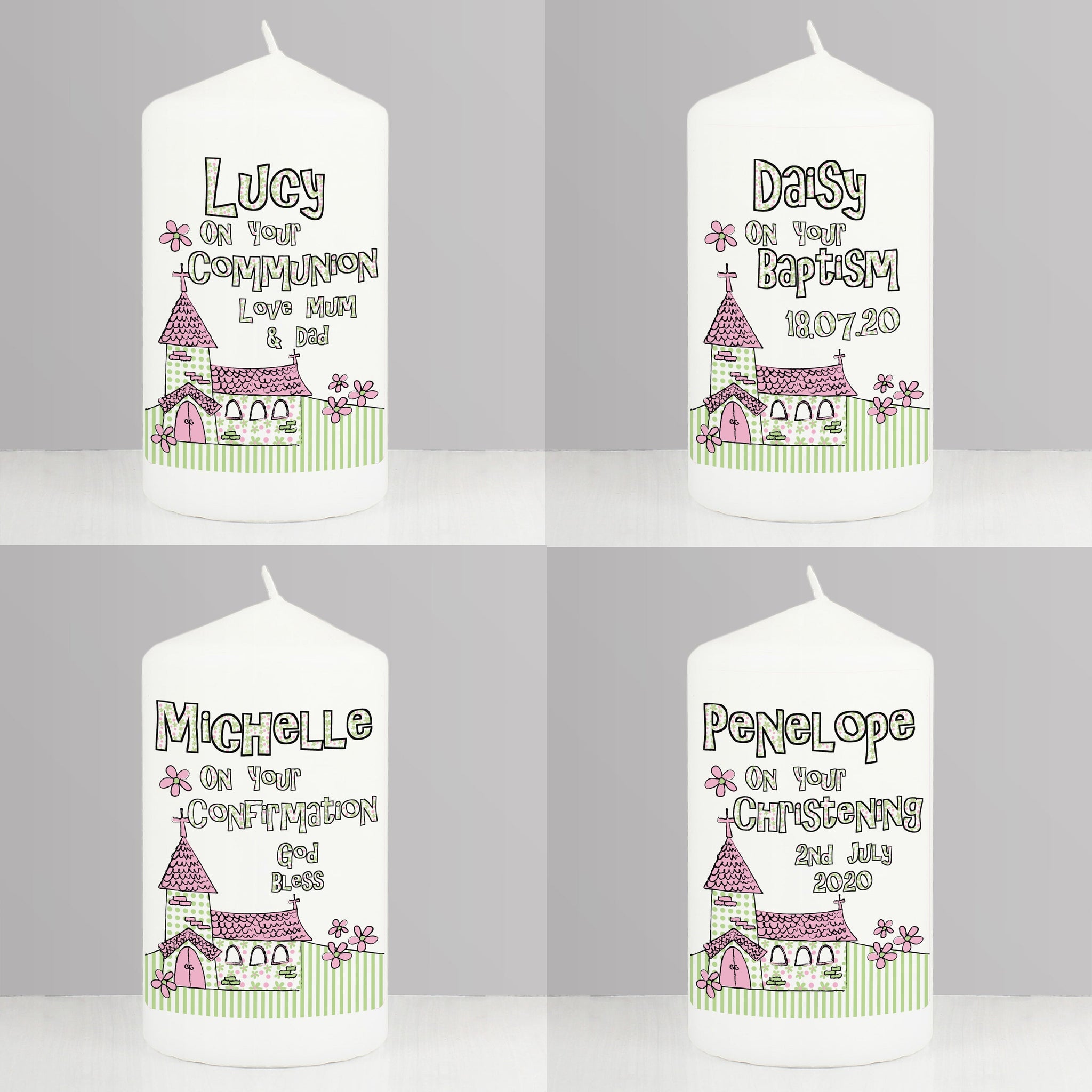 Personalised Pink Church Pillar Candle: 3 - Candles By Gift Moments