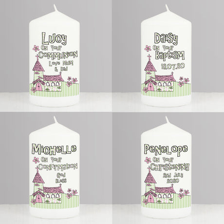 Personalised Pink Church Pillar Candle: 3 - Candles By Gift Moments