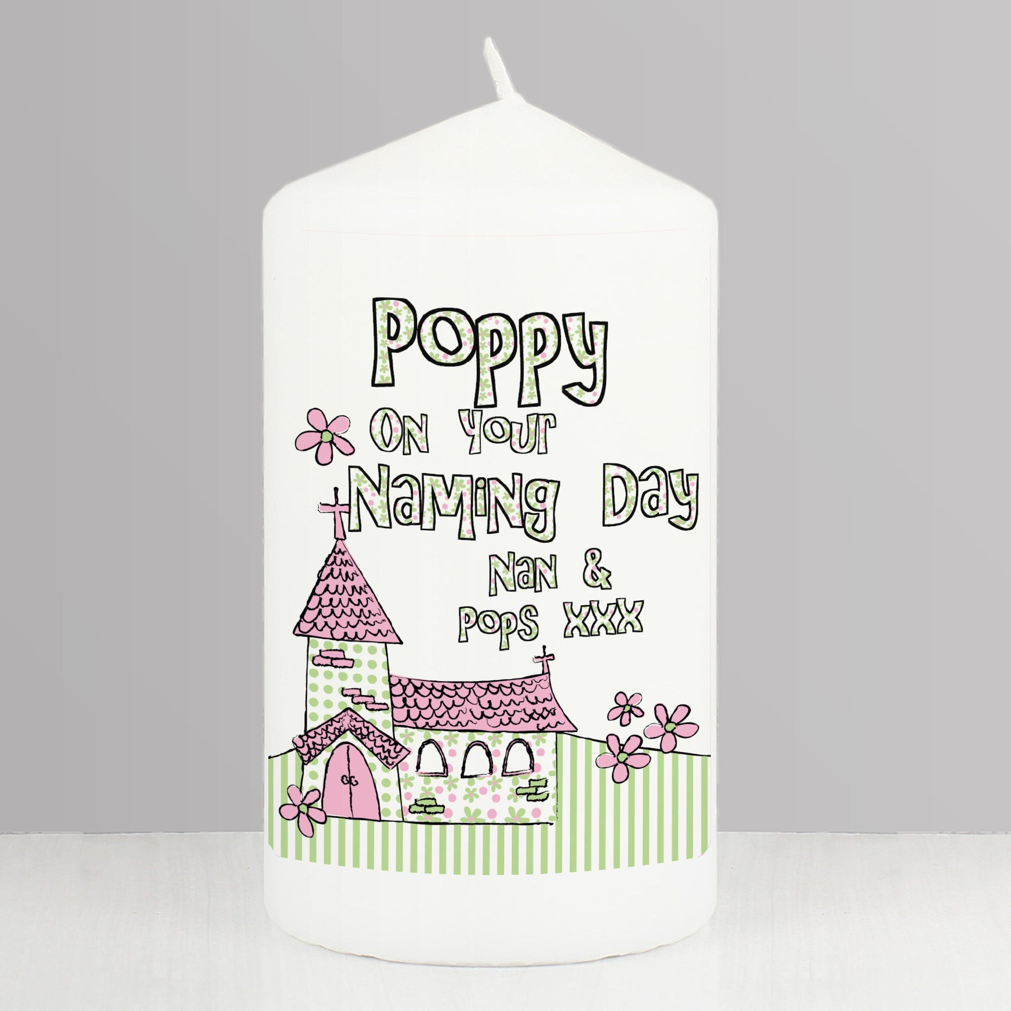 Personalised Pink Church Pillar Candle: 1 - Candles By Gift Moments