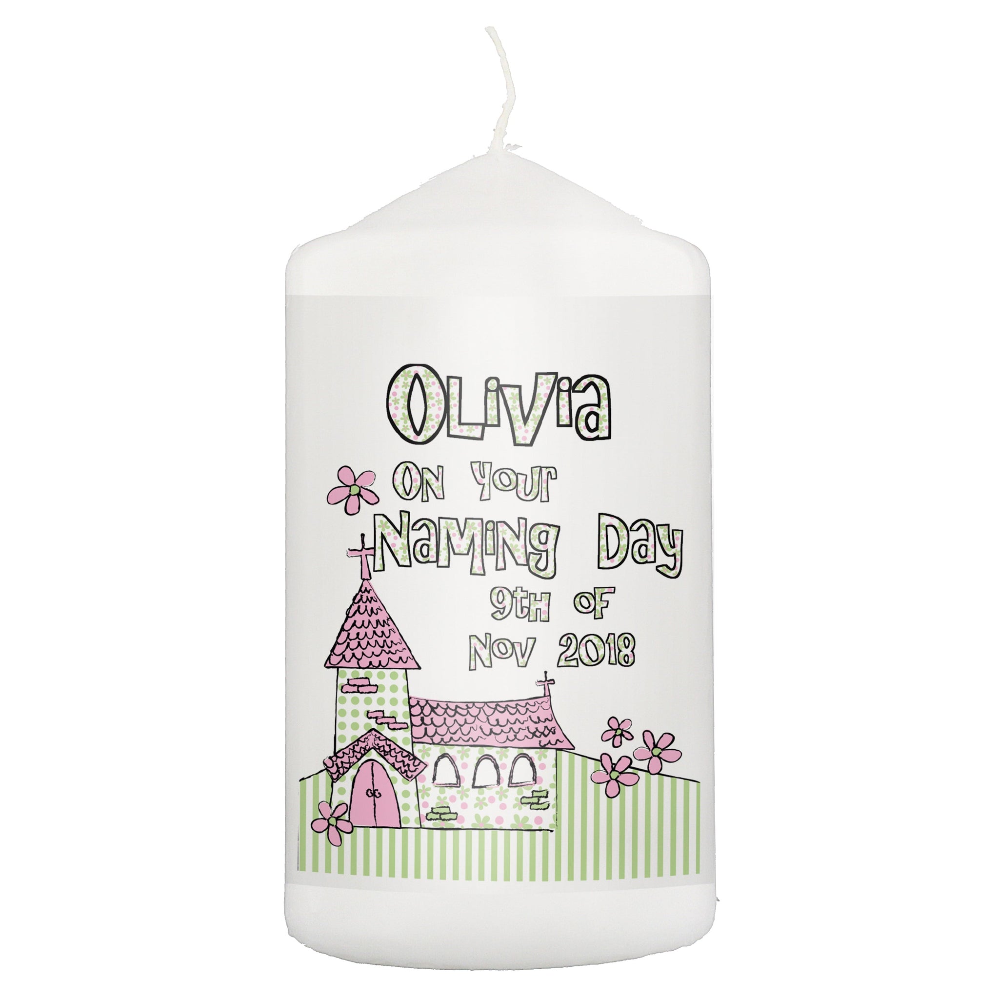 Personalised Pink Church Pillar Candle: 2 - Candles By Gift Moments