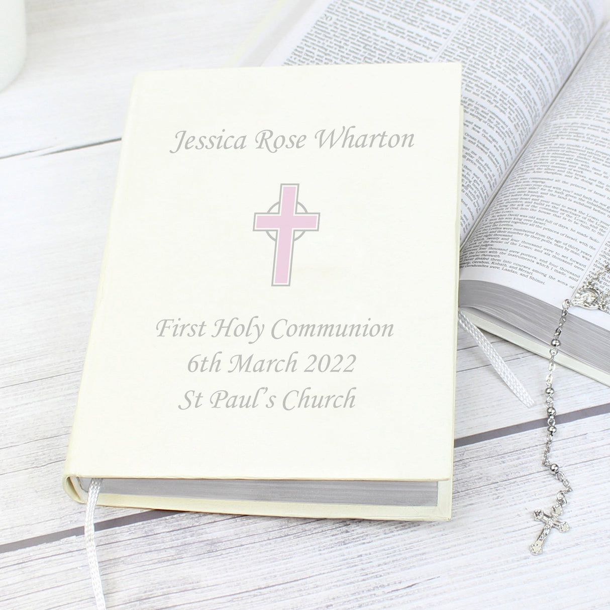 Personalised Pink Cross Holy Bible Eco friendly: 2 Books By Gift Moments