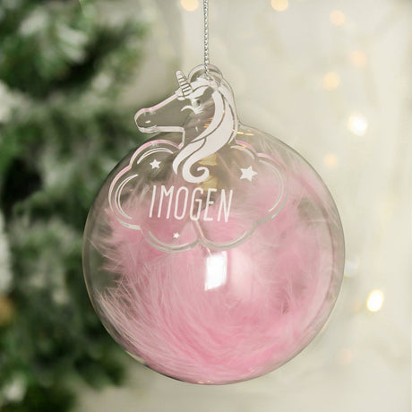 Personalised Pink Feather Glass Bauble With Unicorn Tag: 1 - Christmas Baubles By Gift Moments