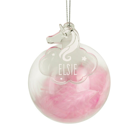 Personalised Pink Feather Glass Bauble With Unicorn Tag: 3 - Christmas Baubles By Gift Moments