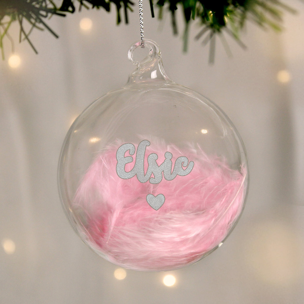 Personalised Pink Feather Silver Name Glass Baubles: 3 - Christmas Baubles By Gift Moments