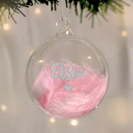Personalised Pink Feather Silver Name Glass Baubles: 3 - Christmas Baubles By Gift Moments