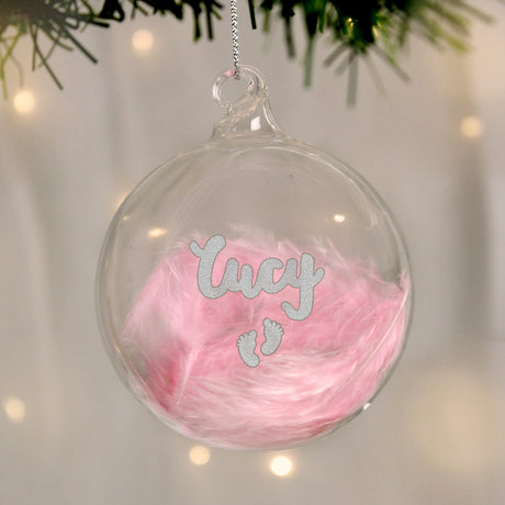 Personalised Pink Feather Silver Name Glass Baubles: 4 - Christmas Baubles By Gift Moments