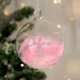 Personalised Pink Feather Silver Name Glass Baubles: 2 - Christmas Baubles By Gift Moments