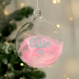 Personalised Pink Feather Silver Name Glass Baubles: 5 - Christmas Baubles By Gift Moments