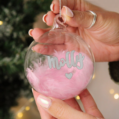 Personalised Pink Feather Silver Name Glass Baubles: 1 - Christmas Baubles By Gift Moments