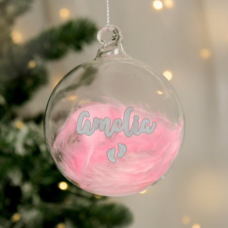 Personalised Pink Feather Silver Name Glass Baubles: 6 - Christmas Baubles By Gift Moments