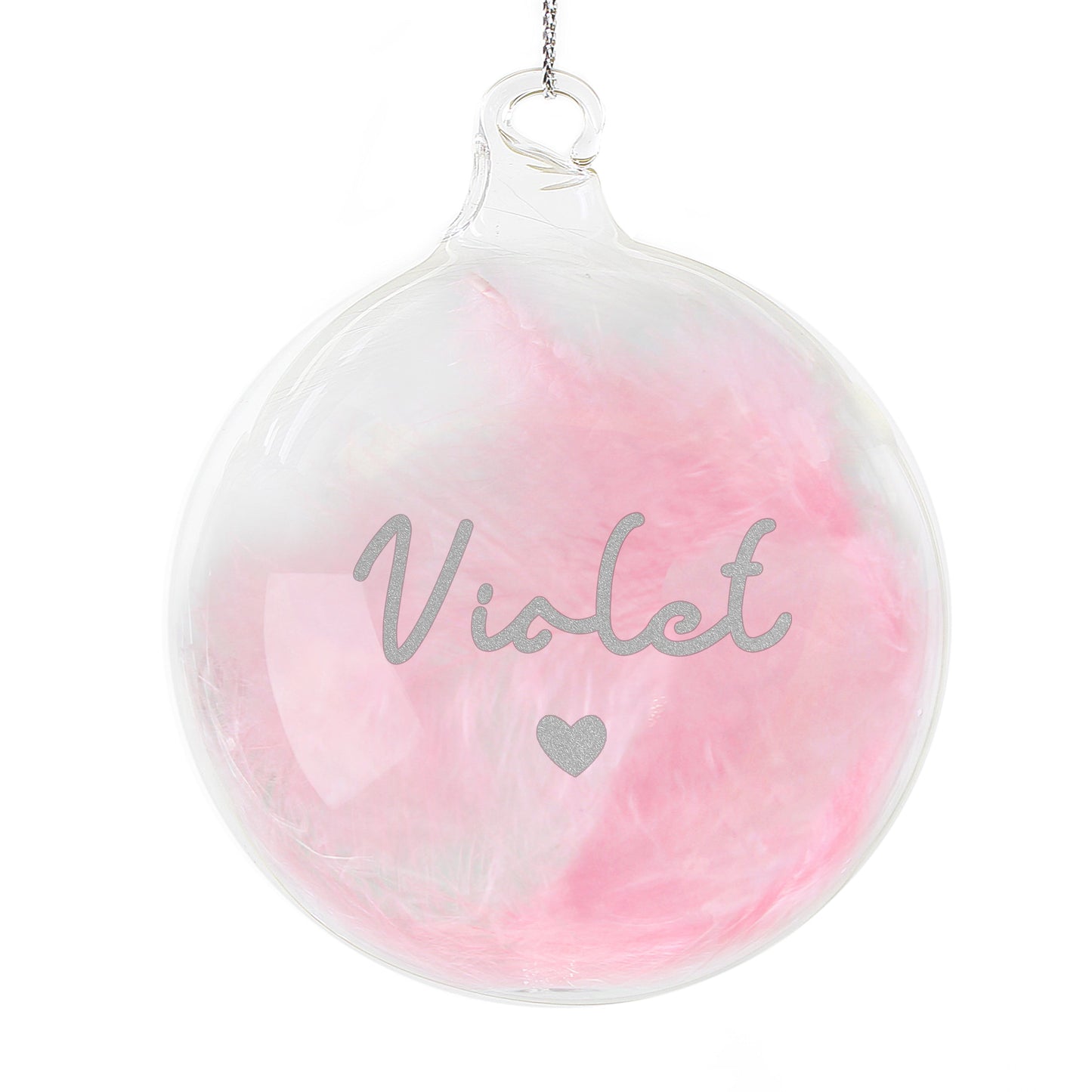 Personalised Pink Feather Silver Name Glass Baubles: 6 - Christmas Baubles By Gift Moments